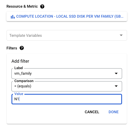 Filtra para seleccionar una familia de VM.