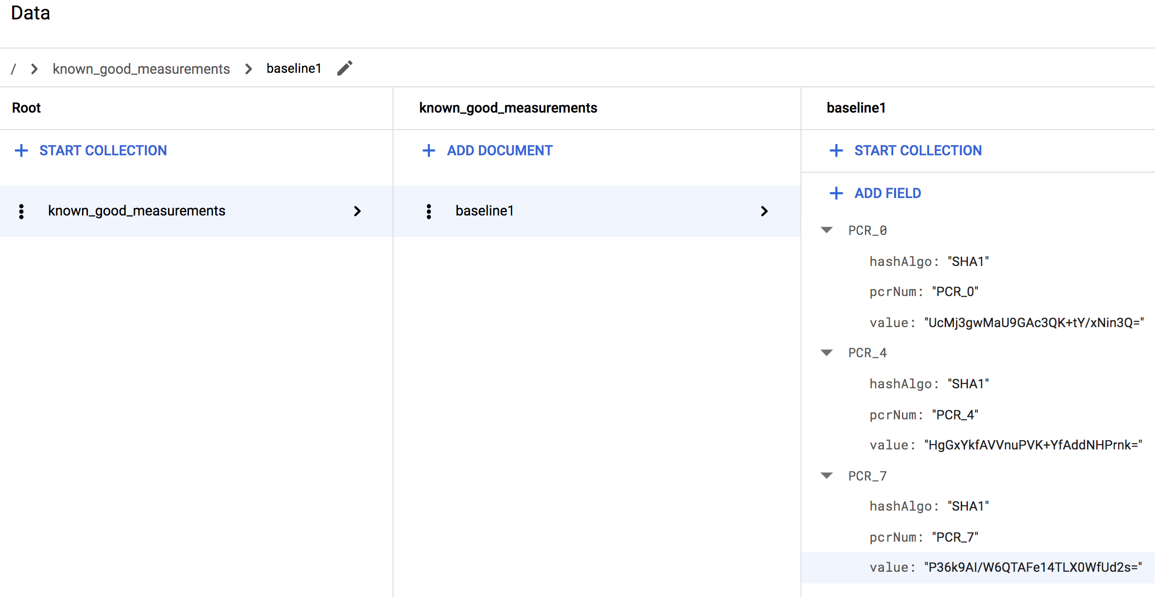 Un database Firestore che mostra una raccolta known_good_measurements completata per Linux.