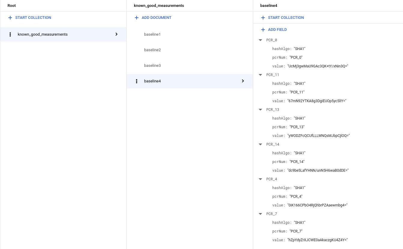 Un database Firestore che mostra una raccolta known_good_measurements completata per Windows.