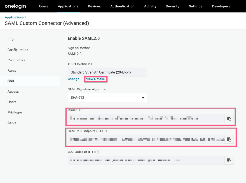 Issuer and SAML endpoint display