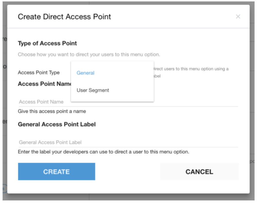 Create Direct Access Point and specify the type of access point to be created.