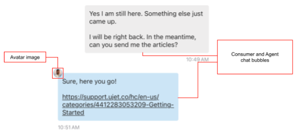 An example of the customer and agent message bubbles is shown.