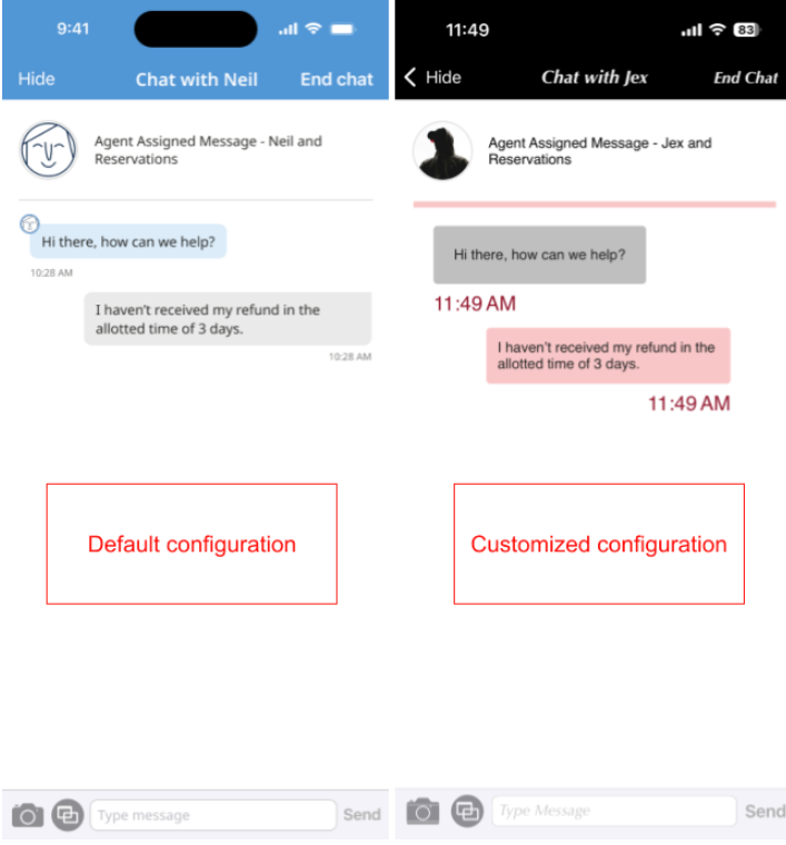 A side-by-side example of customized chat appearances is shown.
