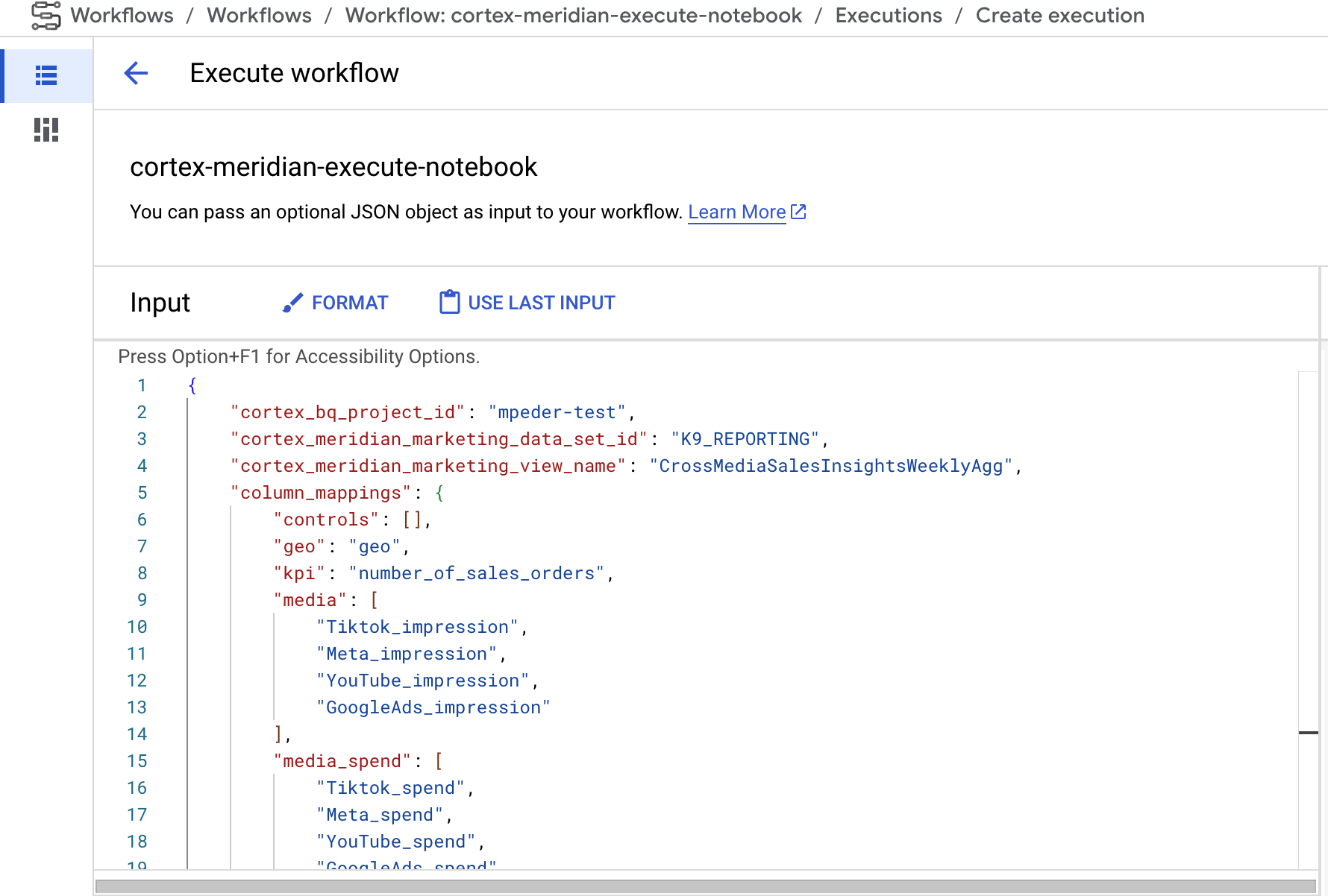 Provide a new Cortex for Meridian JSON config as input to the workflow