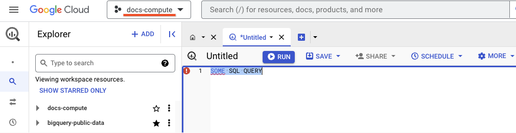 La IU de BigQuery muestra un proyecto de procesamiento llamado docs-compute en
    la página en la que ejecutas consultas en SQL.