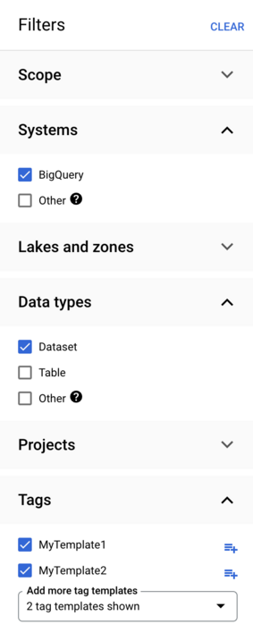 Tag value filter panel with multiple sections selected.