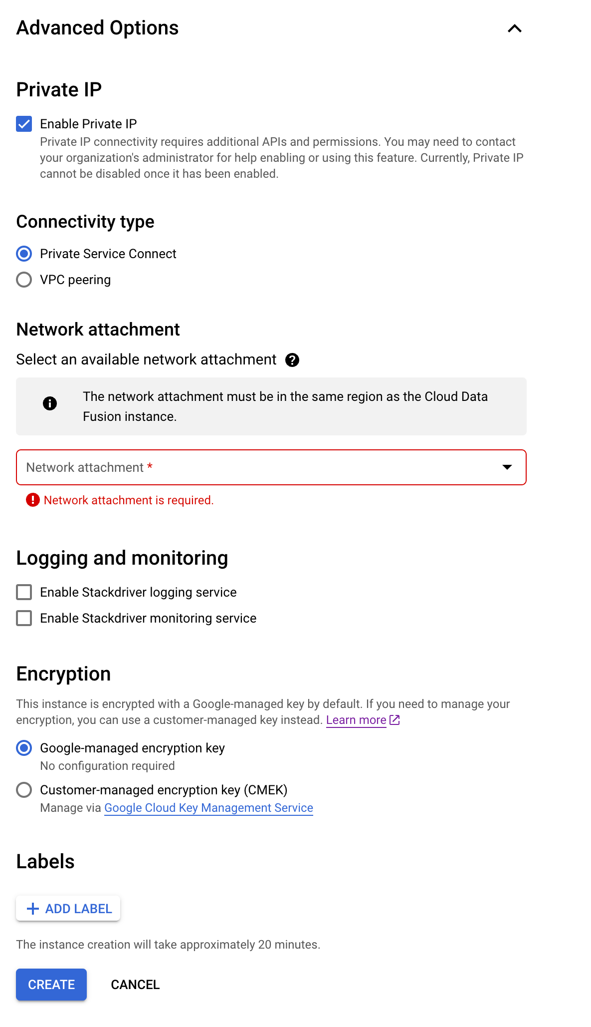 Creare un&#39;istanza Cloud Data Fusion con Private Service Connect