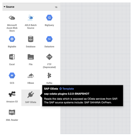 在「Data Fusion Studio」頁面「Source」選單中選擇「OData」