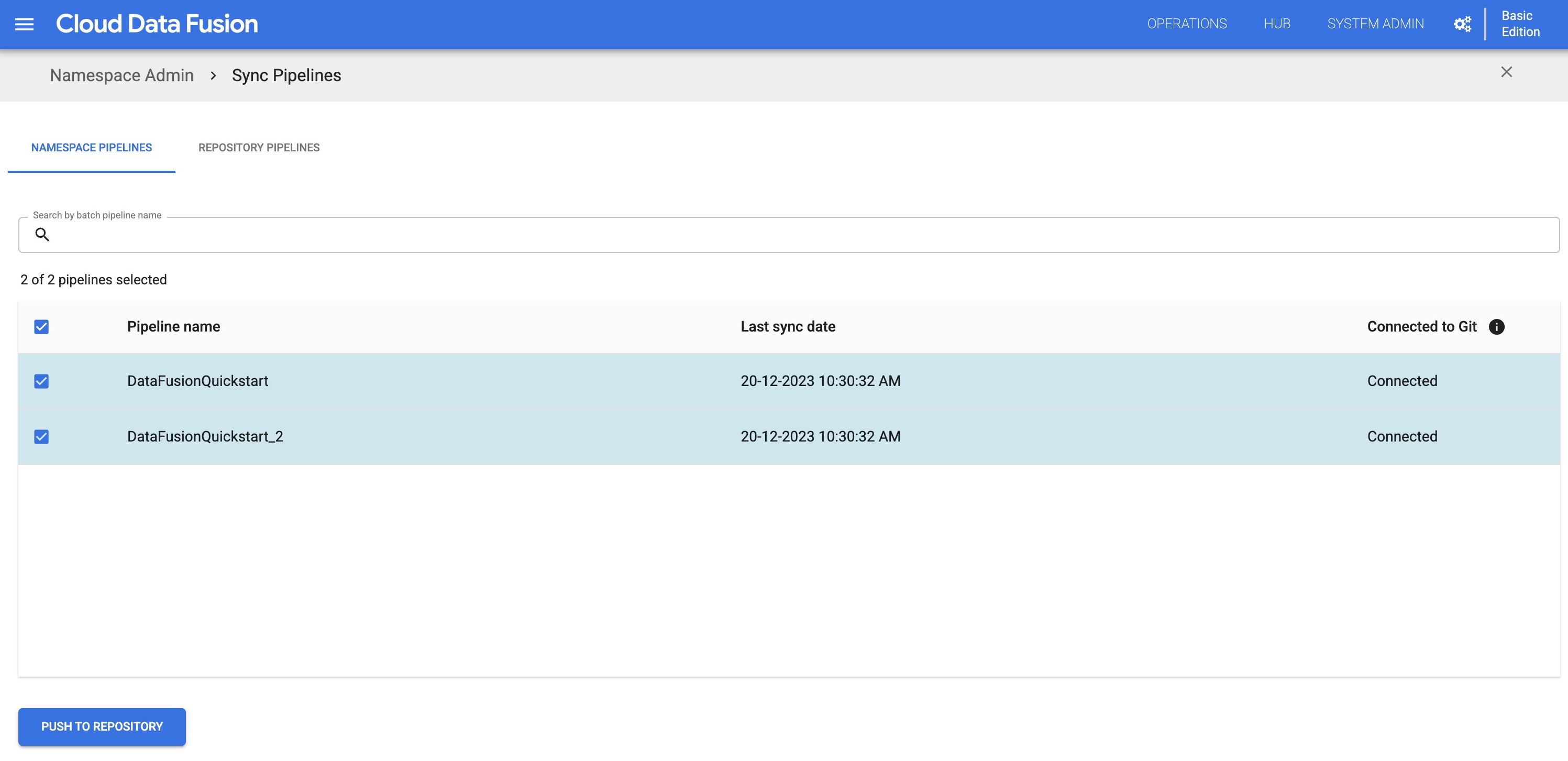 將管道從 Cloud Data Fusion 推送至 Git 存放區。