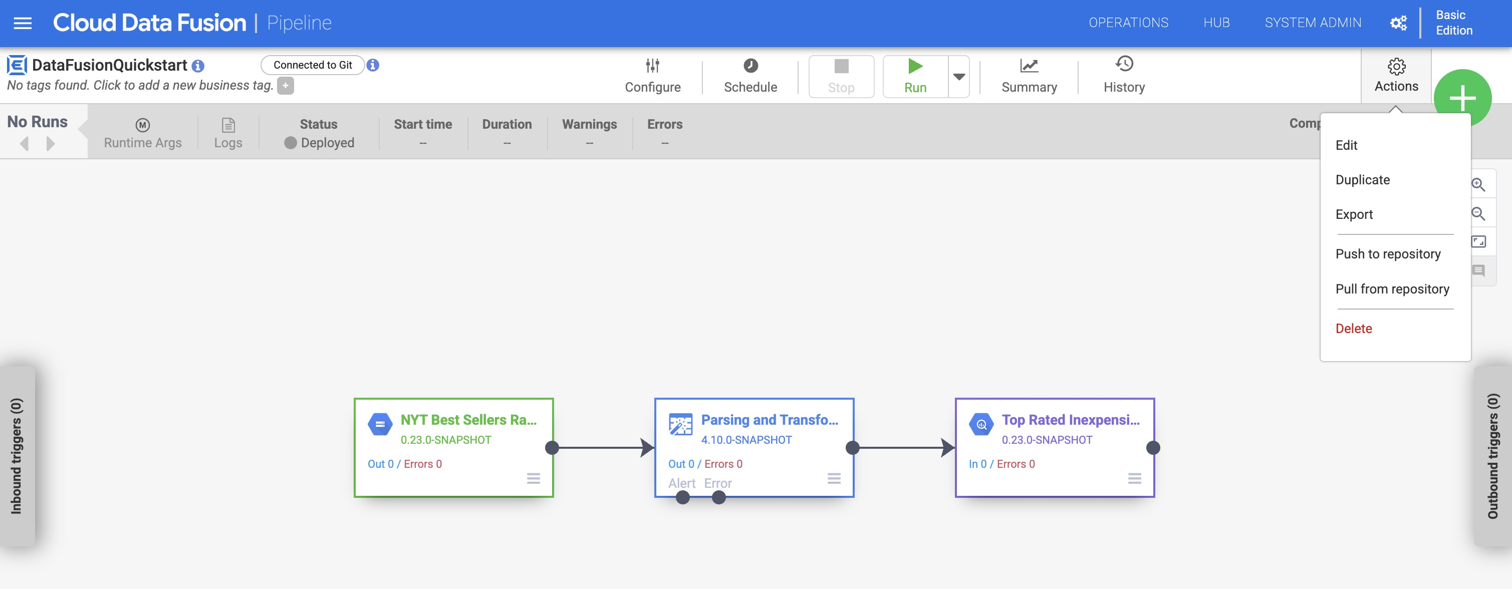 Pipelines aus dem Pipeline Design Studio per Push übertragen.