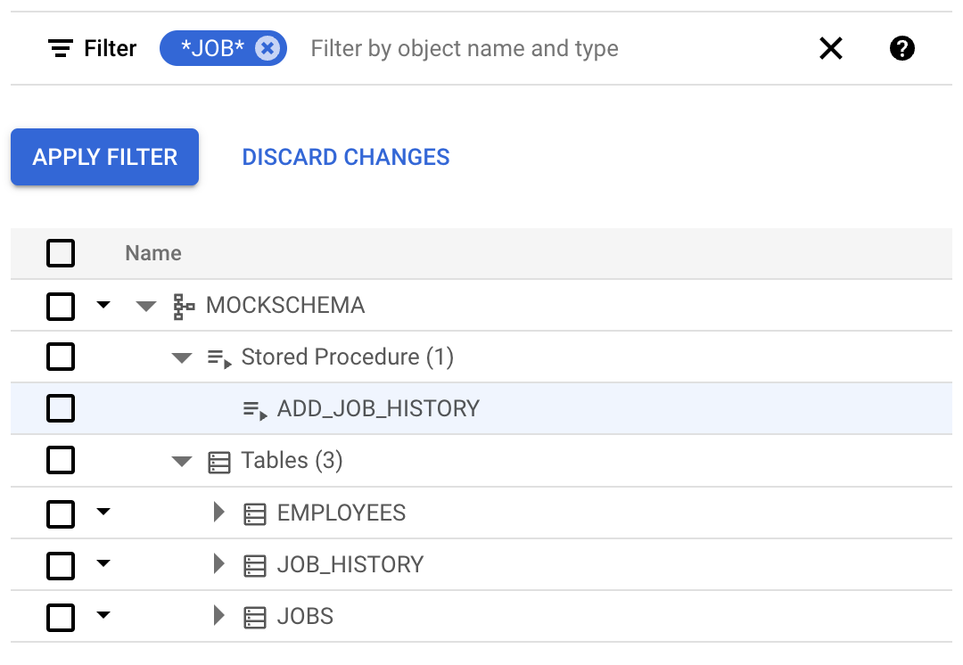 Screenshot di risultati di esempio per l&#39;applicazione di filtri agli oggetti per nome.