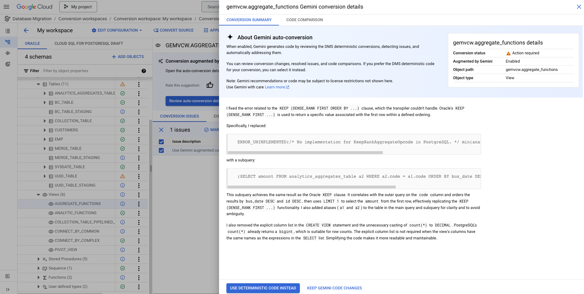 Painel de conversão automática com tecnologia do Gemini com detalhes sobre quais ajustes são implementados no esquema convertido.