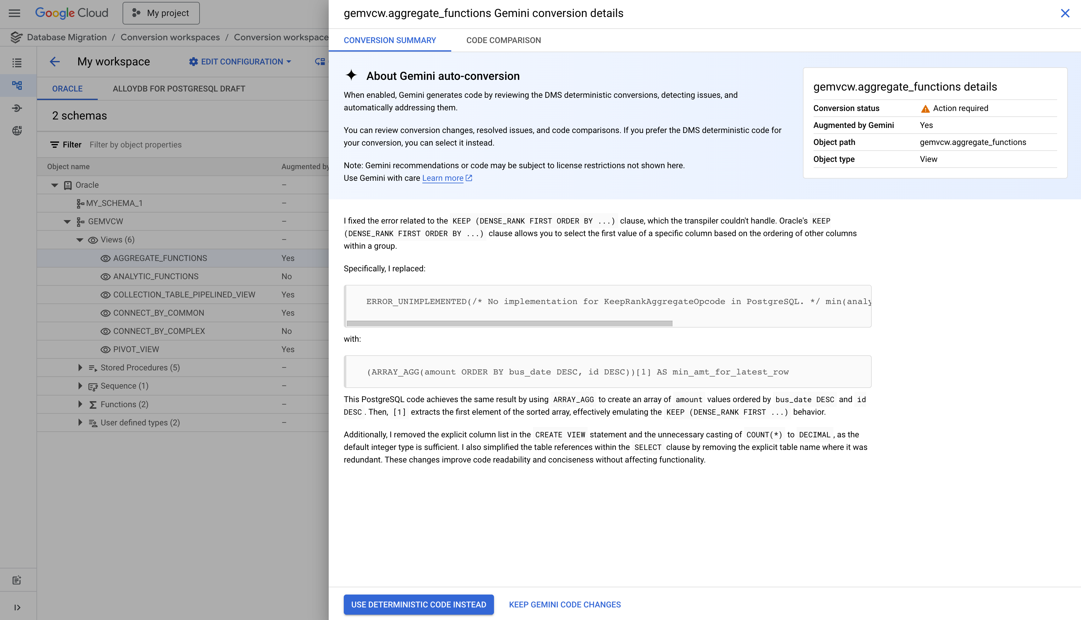 Painel de conversão automática com tecnologia do Gemini com detalhes sobre quais ajustes são implementados no esquema convertido.