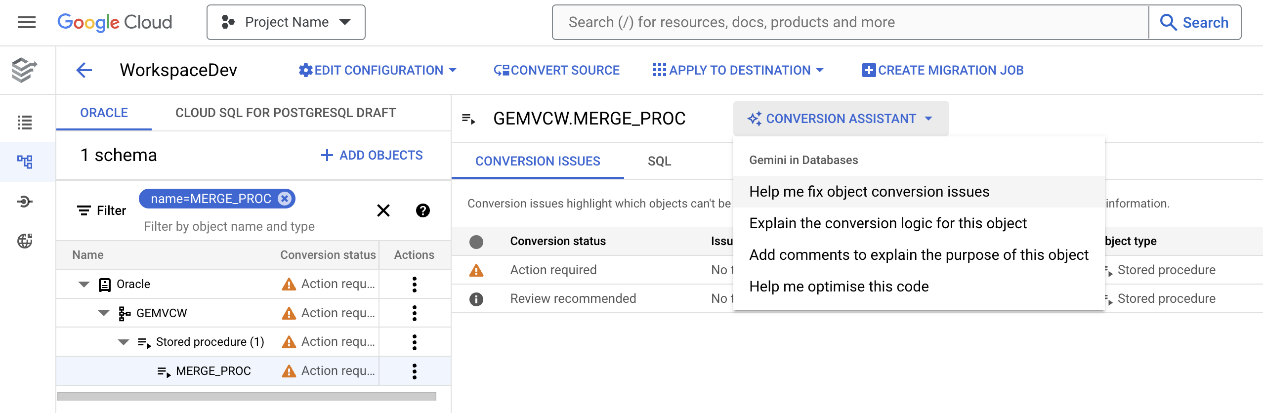 Screenshot yang menunjukkan cara mengakses perintah Gemini
      untuk penjelasan konversi kode dan skema.