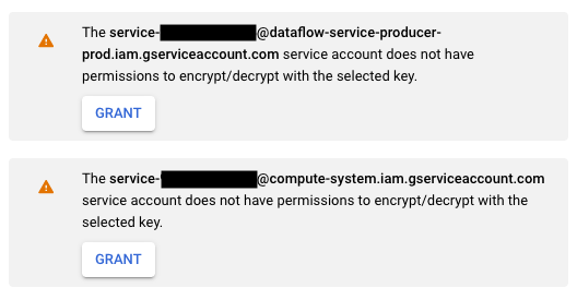 关于向您的 Compute Engine 和 Dataflow 服务账号授予使用特定 CMEK 进行加密和解密的权限的提示。
