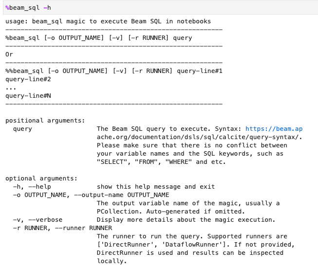 Comprueba la ayuda de beam_sql