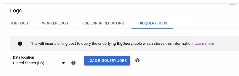 Il pulsante Carica job BigQuery nella tabella delle informazioni sui job BigQuery