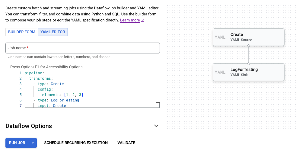 A screenshot of the job builder YAML editor