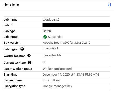 Dataflow ジョブの詳細を一覧表示するジョブ情報のサイドパネル。ジョブが使用している鍵の種類が [暗号化のタイプ] フィールドに表示されています。