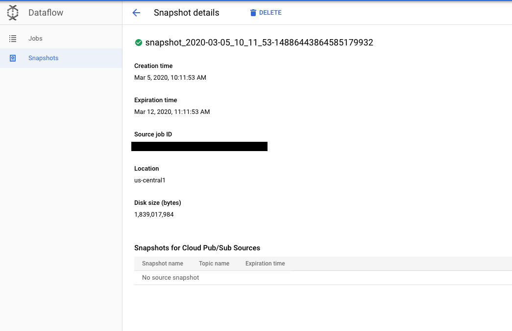 Dataflow 快照詳細資料頁面，可取得快照的詳細資訊。