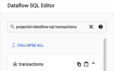 Dataflow SQL 工作區中的 Data Catalog 搜尋面板。