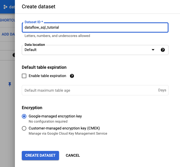 BigQuery UI 中的「建立資料集」面板。