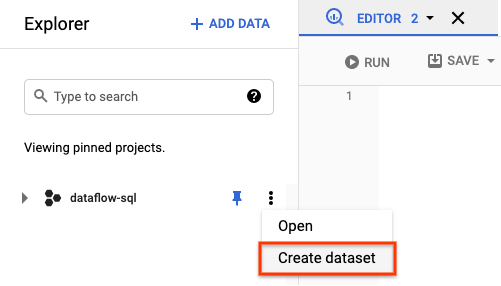 BigQuery 資料集探索工具中的「動作」選單。