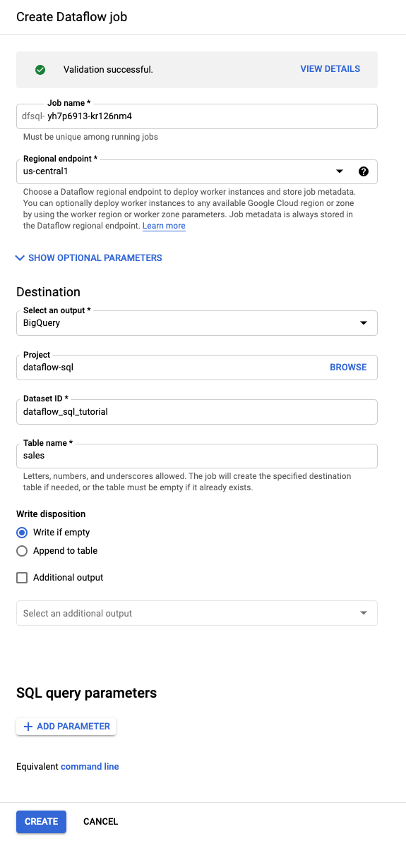 Formular &quot;Dataflow SQL-Job erstellen&quot;.