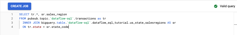 Dataflow SQL 工作區，編輯器中顯示本教學課程的查詢。