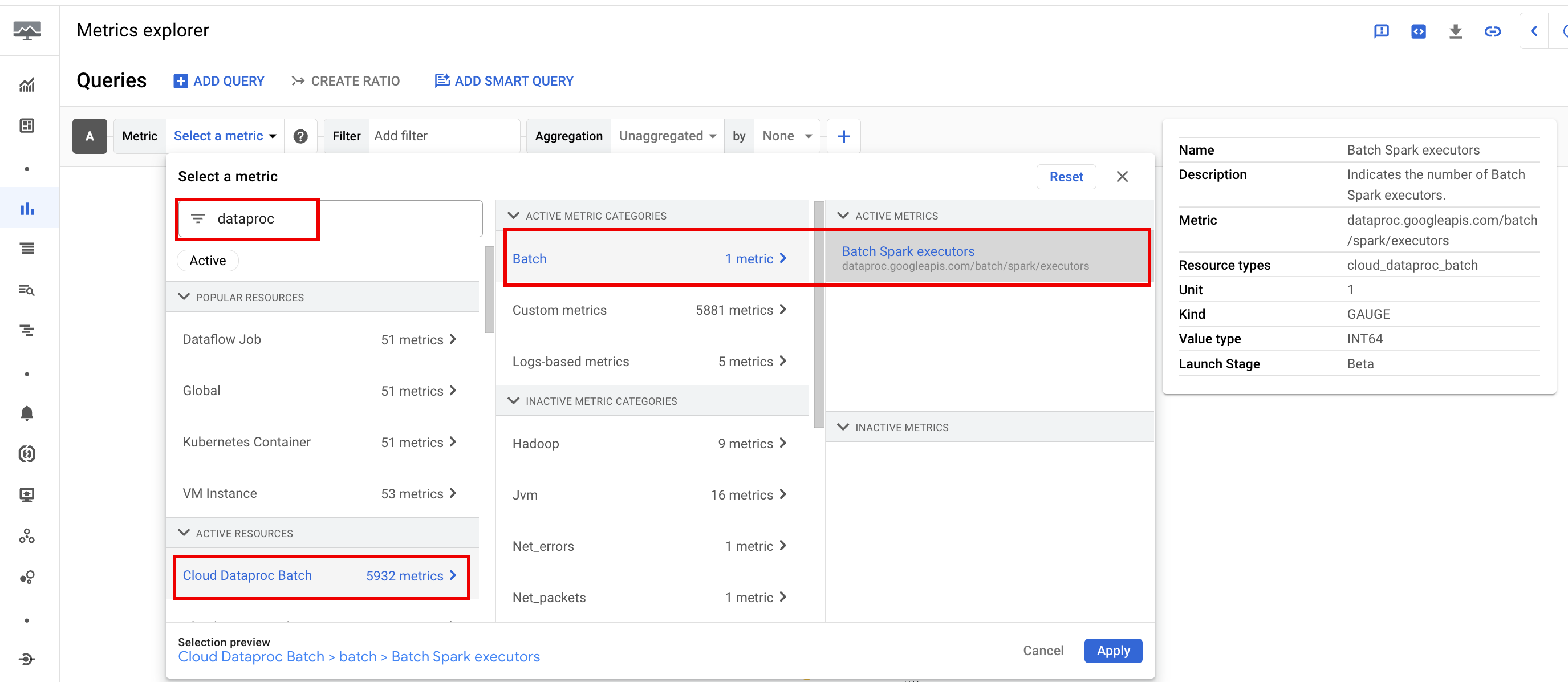 Metrics Explorer 中的批次指標範例。