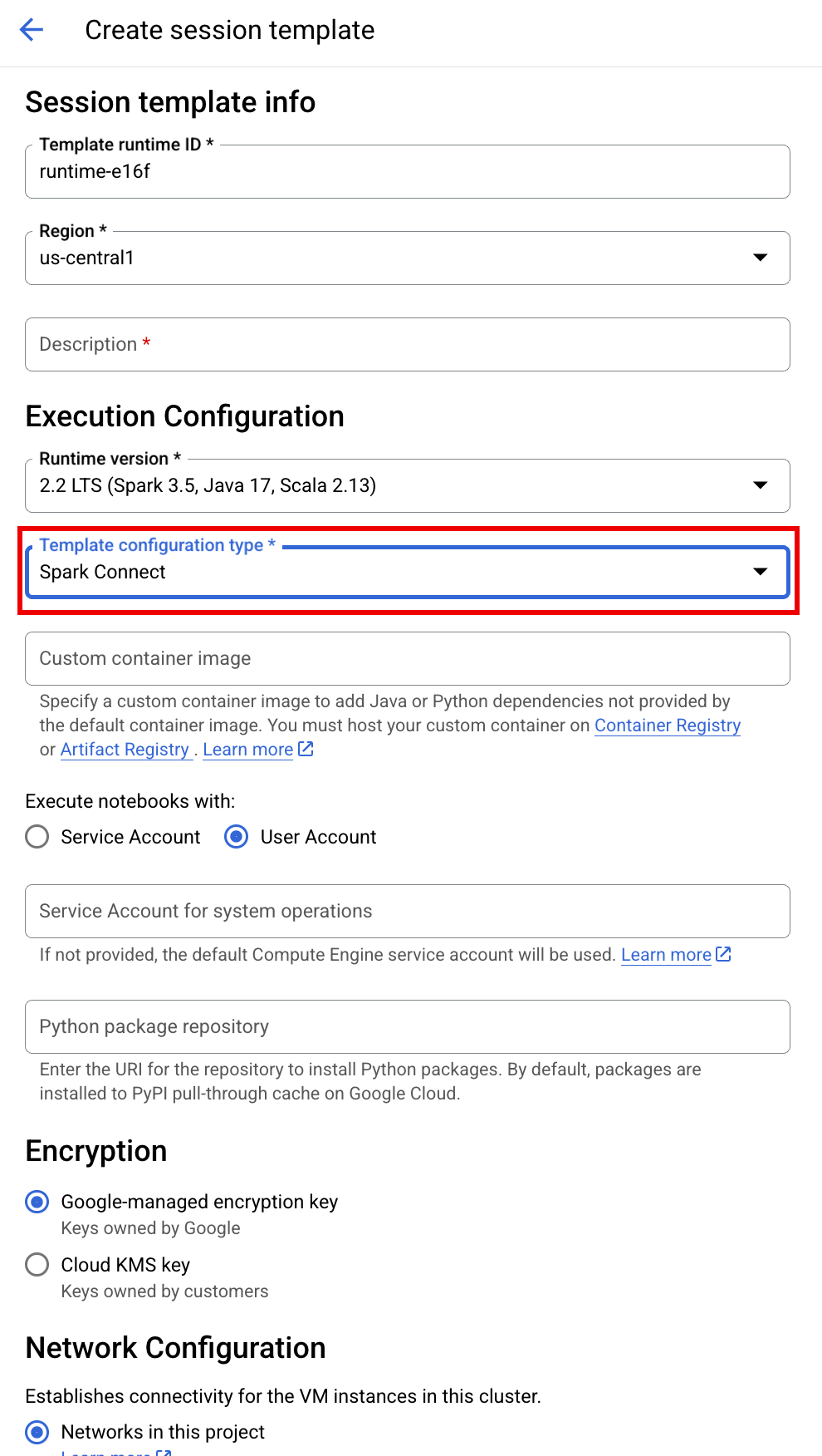 Screenshot showing the Spark Connect required settings.