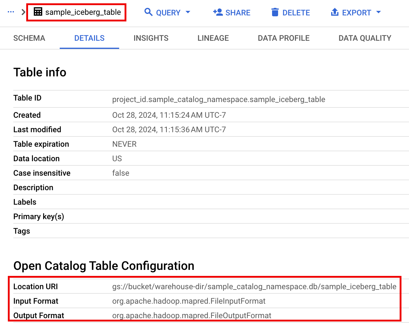 Iceberg table metadata listed in BigQuery UI