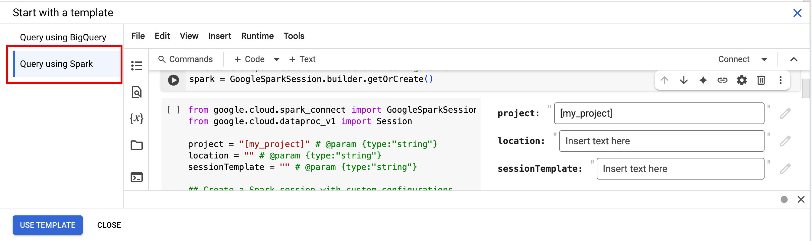 BigQuery UI selections to start with a template