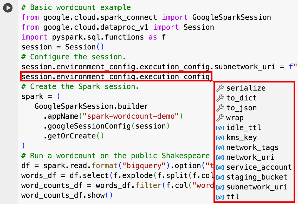 session-environment-config-execution-config 옵션을 보여주는 코드 도움말