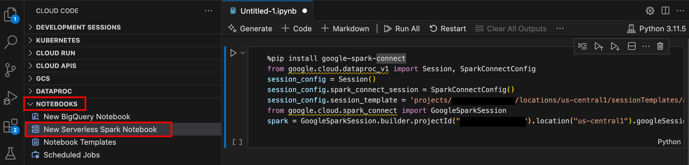 VS Code 控制台中的新無伺服器 Spark 筆記本。
