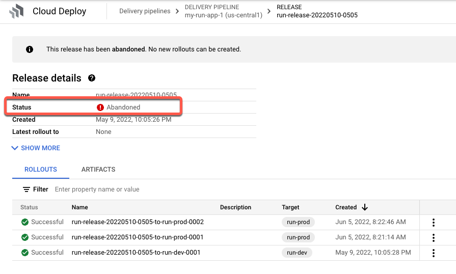 Lista de versões no console Google Cloud mostrando uma versão abandonada