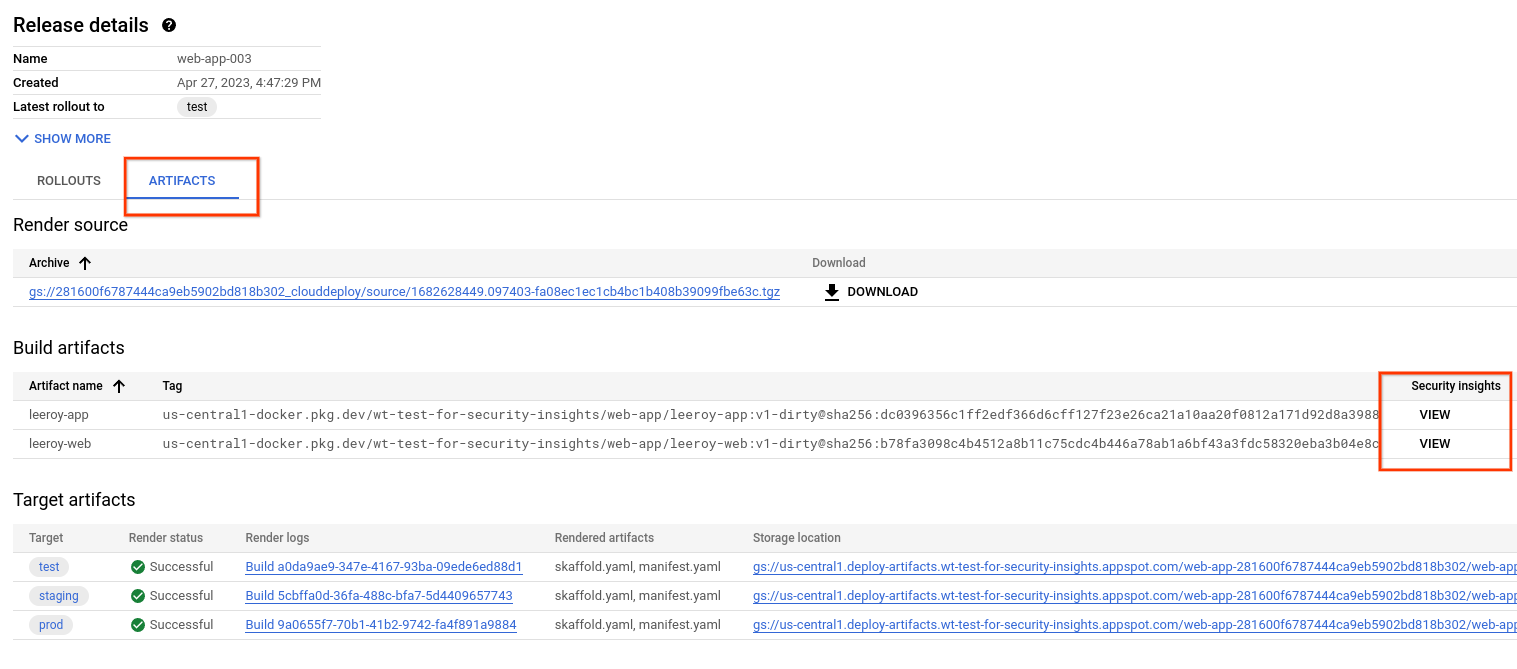 Guia de artefatos da versão "Detalhes da versão" com link para insights de segurança.