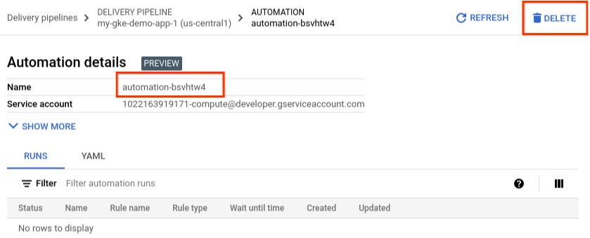 Google Cloud 控制台中的 Automation，其中显示了删除按钮