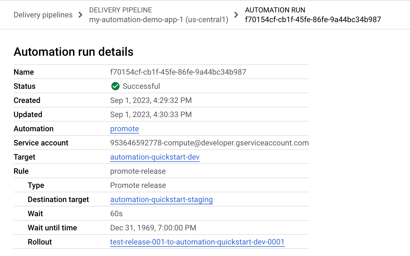 detalhes da execução de automação mostrados no console do Google Cloud