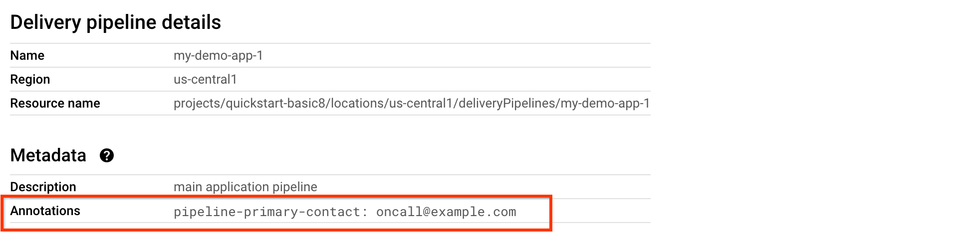 Dettagli della pipeline di distribuzione nella console Google Cloud 