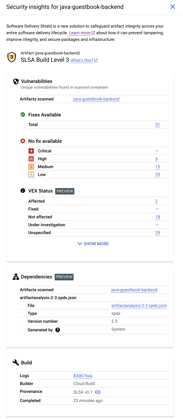 Panel de estadísticas de seguridad de la consola de Google Cloud