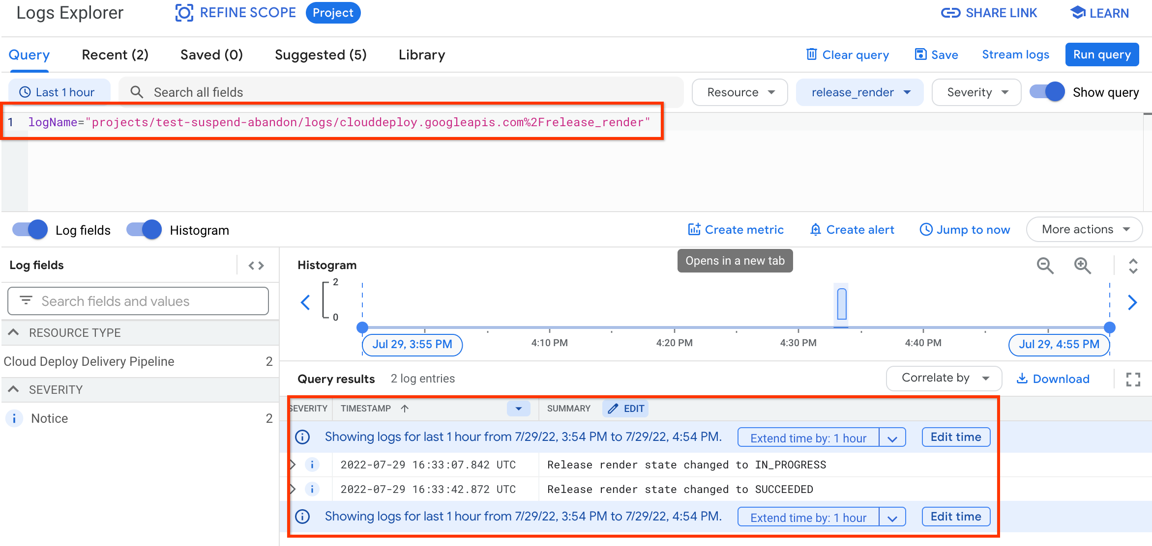 Resultados de la consulta para los registros
de la plataforma de Google Cloud Deploy