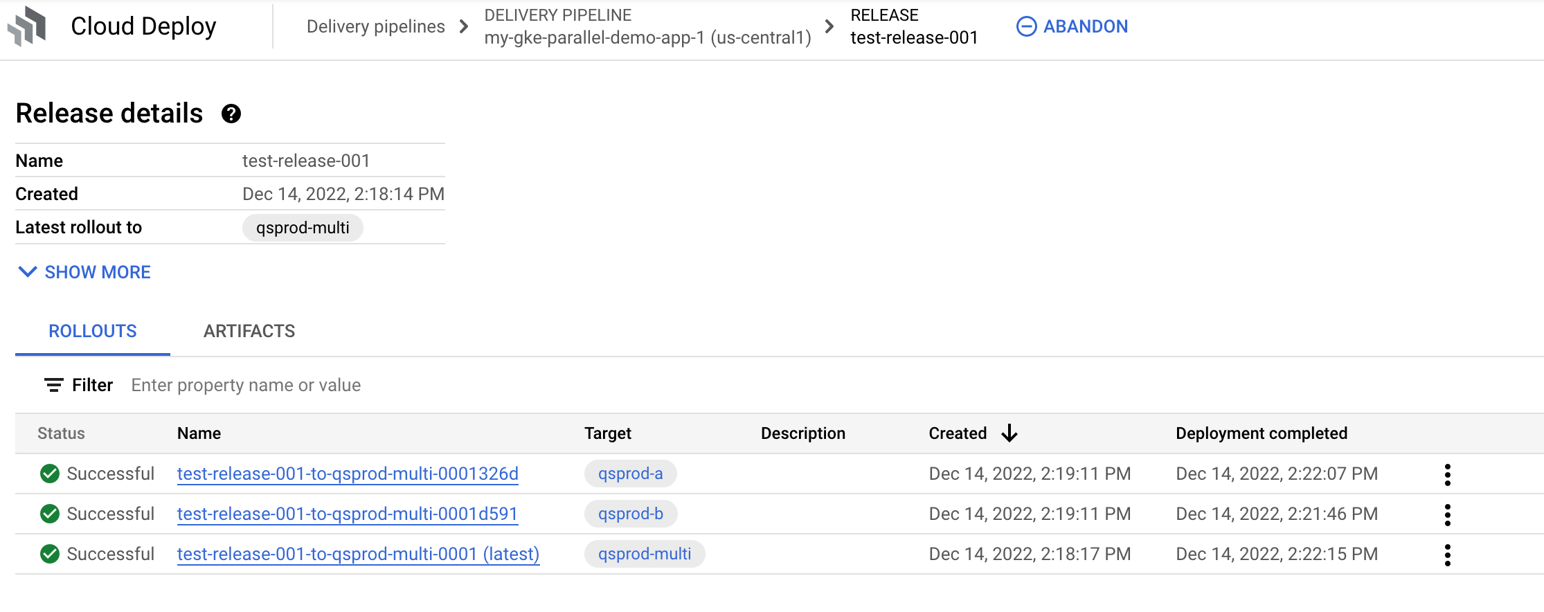 lanzamientos en la consola de Google Cloud