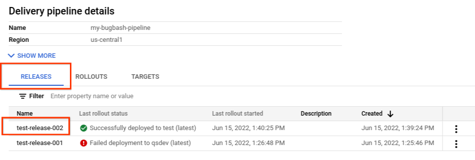 La página de detalles de la canalización de entrega en la consola de Google Cloud, en la que se muestran las versiones.