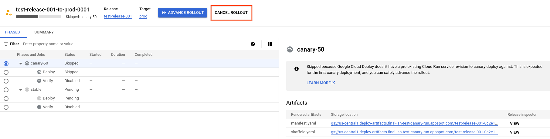 Détails du déploiement dans la console Google Cloud 