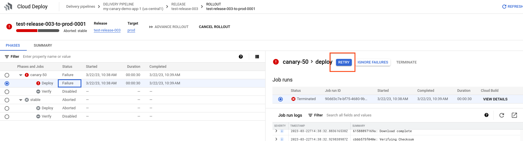 Détails du déploiement dans la console Google Cloud 