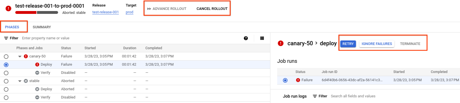 Resumo das fases mostrado no console do Google Cloud