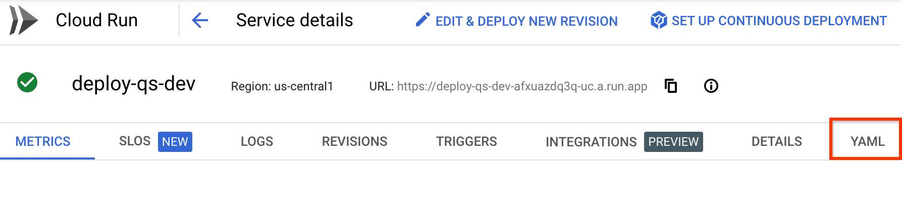 Seite mit den Dienstdetails in der Google Cloud Console mit dem Tab „YAML“ 