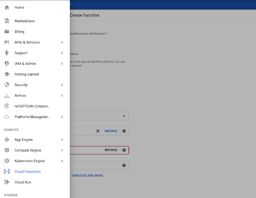 Google Cloud 控制台選單中的 Cloud Function 螢幕截圖