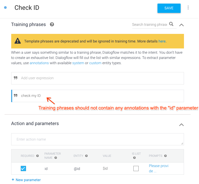 No annotations in training phrases in Dialogflow ES